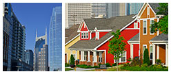 collage of downtown buildings, residential houses